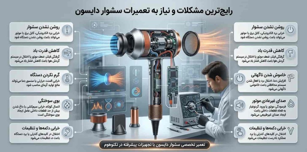 رایج‌ترین مشکلات و نیاز به تعمیرات سشوار دایسون