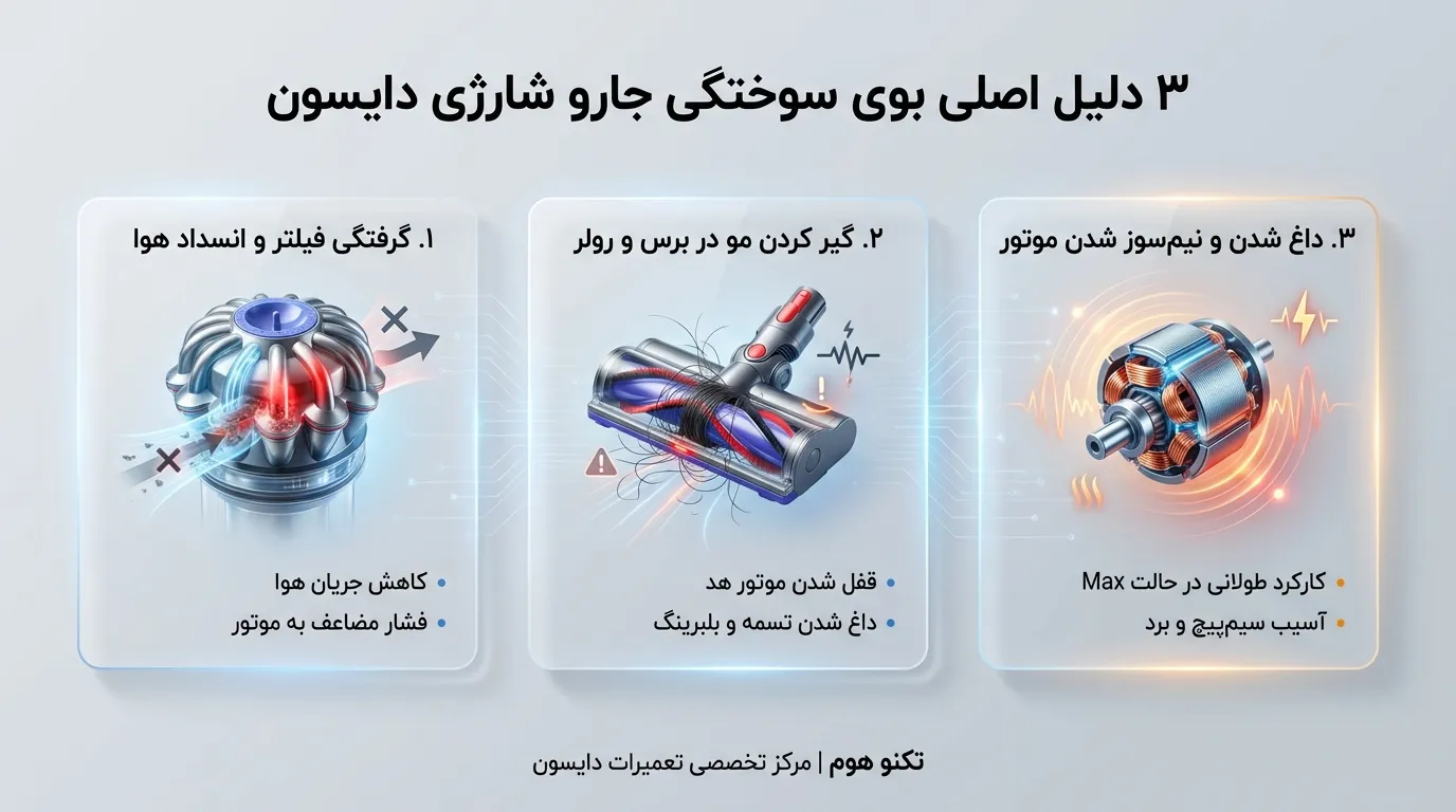  ۳ دلیل اصلی بوی سوختگی جارو شارژی دایسون 